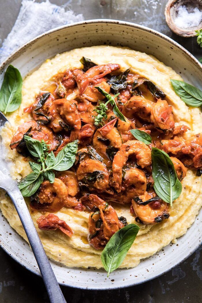 overhead close up photo of Basil Pomodoro Shrimp with Creamed Corn Polenta 