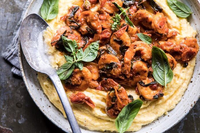 horizontal photo of Basil Pomodoro Shrimp with Creamed Corn Polenta 