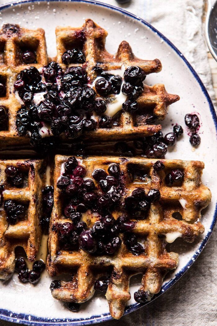 overhead close up photo of Bursting Blueberry Cornmeal Waffles