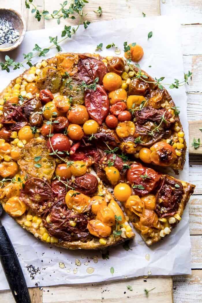 Caramelized Corn and Tomato Tarte Tatin | halfbakedharvest.com #simple #east #tomatoes #summer #tomatotart