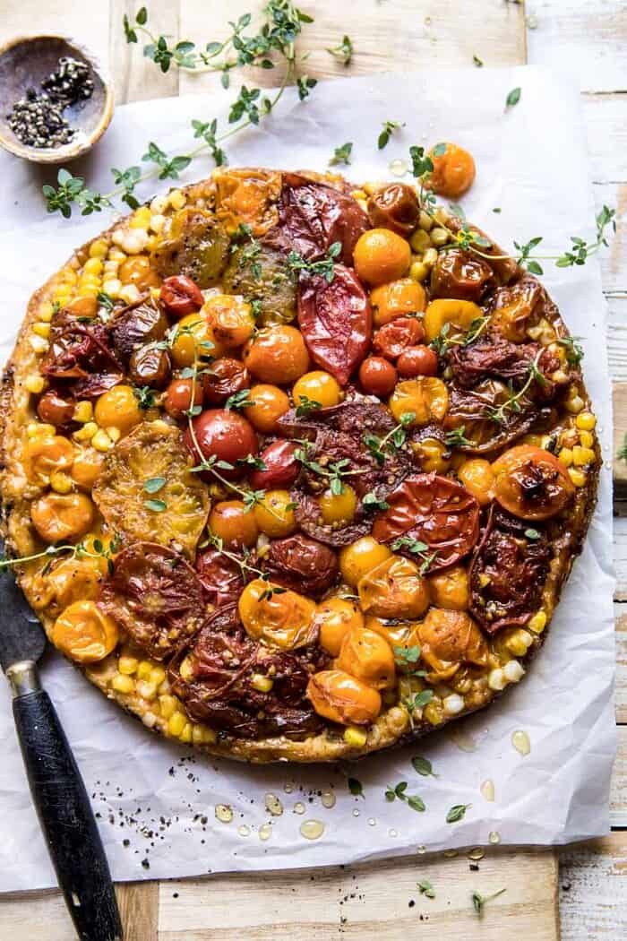 overhead photo of Caramelized Corn and Tomato Tarte Tatin