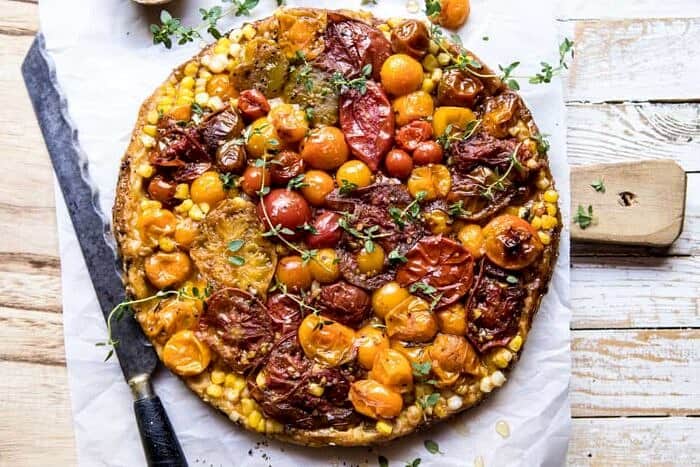 overhead horizontal photo of Caramelized Corn and Tomato Tarte Tatin