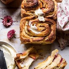 Flaky Pull Apart Cinnamon Peach Brioche Bread | halfbakedharvest.com #bread #brunch #breakfast #peaches #summer #baking