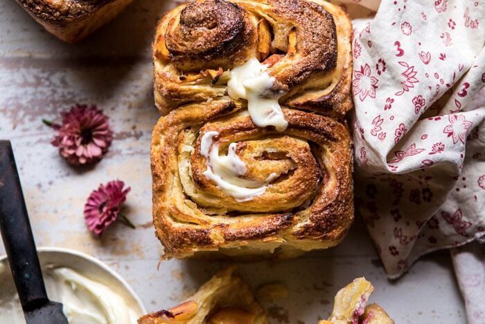horizontal overhead photo of Flaky Pull Apart Cinnamon Peach Brioche Bread