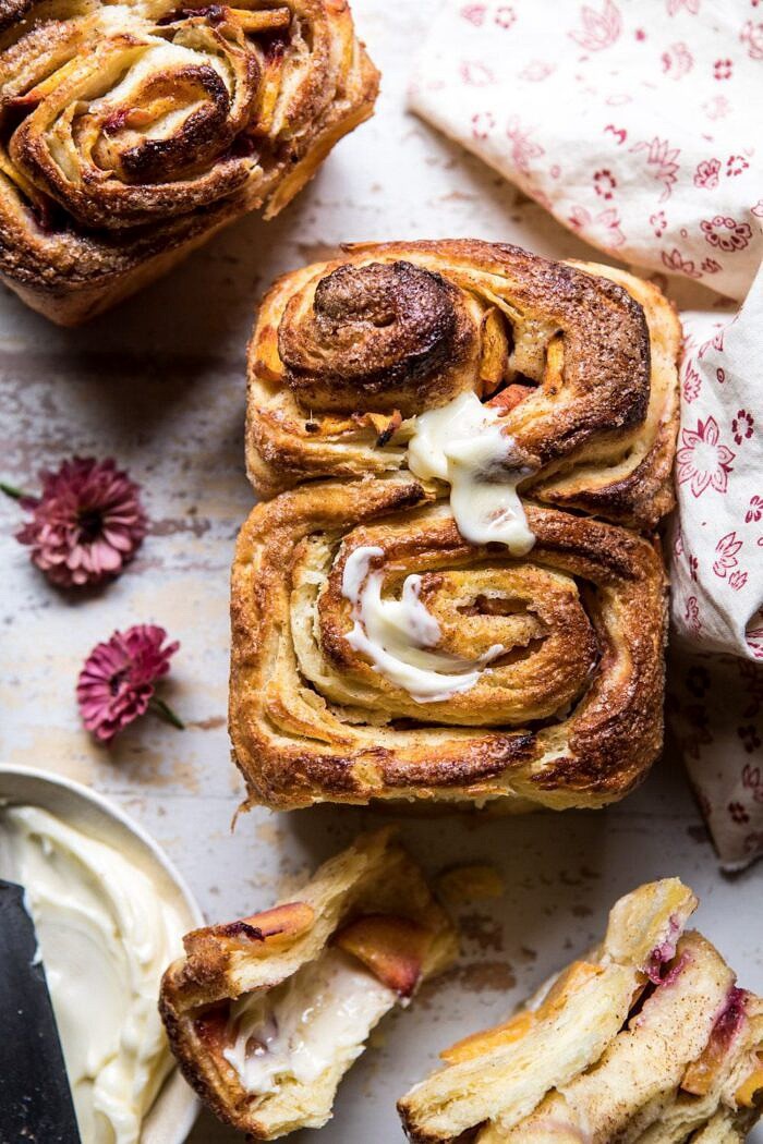 close up overhead photo of Flaky Pull Apart Cinnamon Peach Brioche Bread