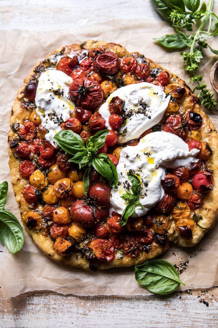Garlic and Herb Roasted Cherry Tomato Pizza with Caramelized Onions | halfbakedharvest.com #pizza #tomatoes #easyrecipes #dinner #summer