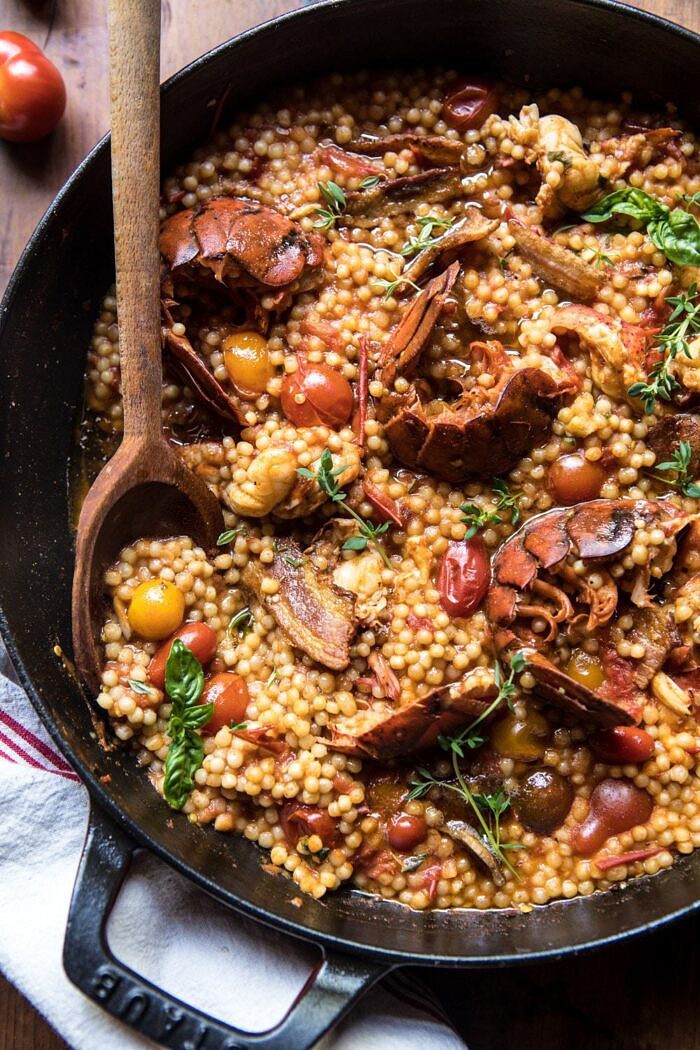close up overhead photo of One Pot Tomato Basil Lobster and Herbed Pearl Couscous 