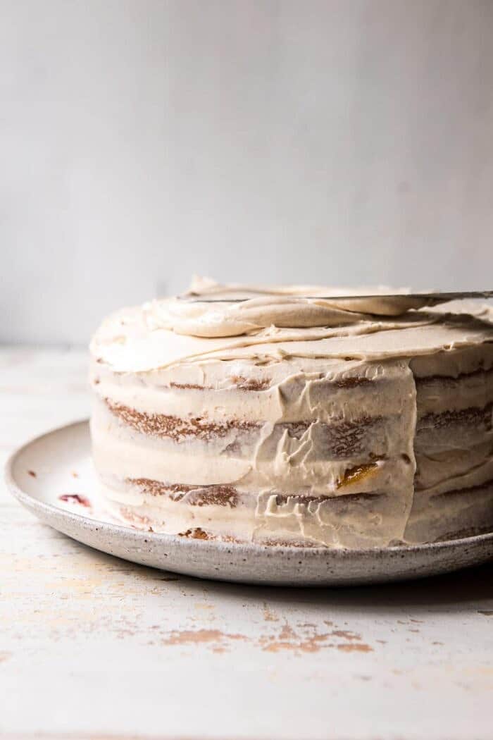 frosting of Peach Ricotta Layer Cake with Browned Butter Buttercream