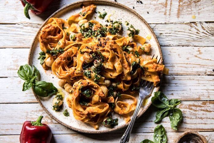 horizontal photo of Roasted Red Pepper Pasta with White Beans and Basil