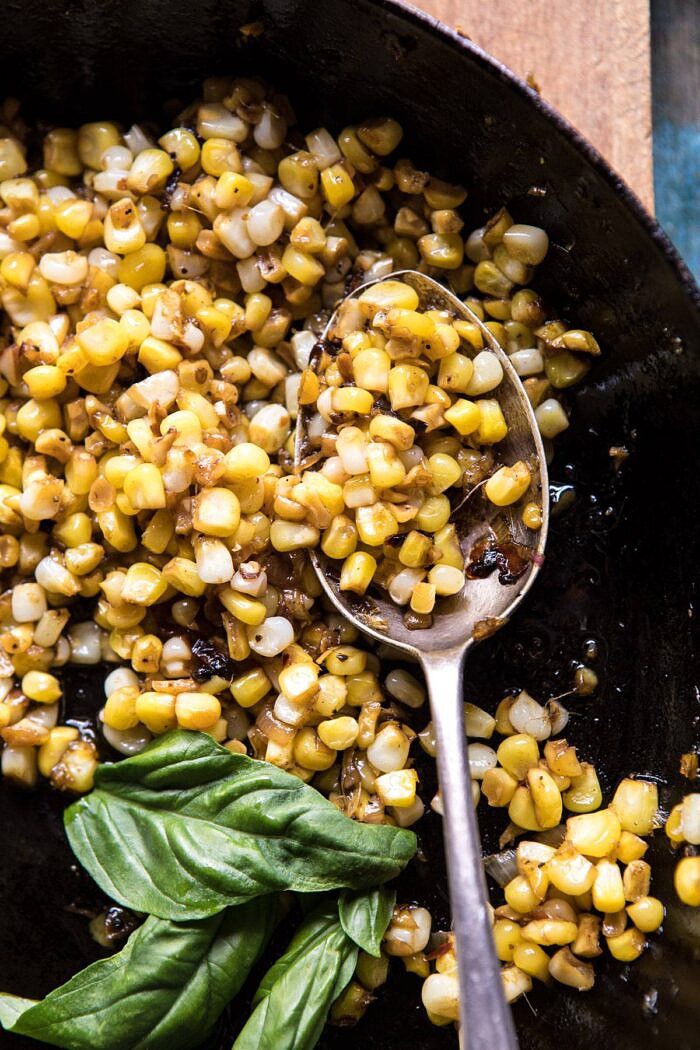 overhead photo of corn in skillet