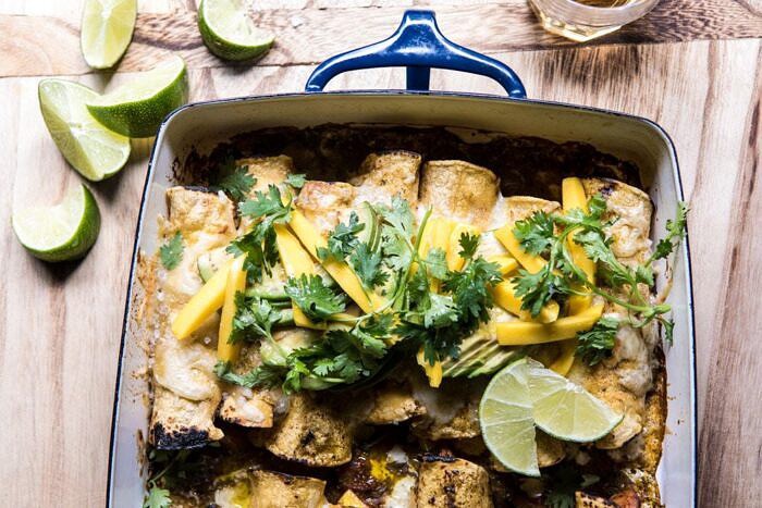 horizontal overhead photo of Salsa Verde Chicken and Zucchini Enchiladas with Mango 