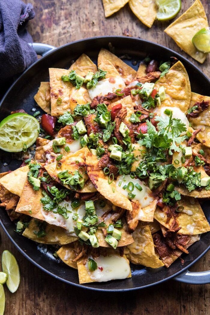 overhead close up photo of Chipotle Braised Chicken Nachos 