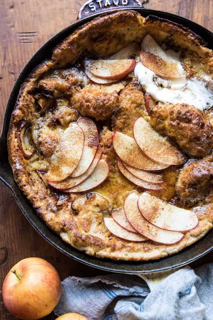 overhead close up photo of Cinnamon Apple Puffed Pancake in skillet