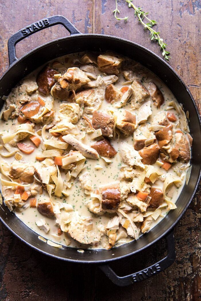 overhead photo of Homemade Chicken Noodle Casserole before baking