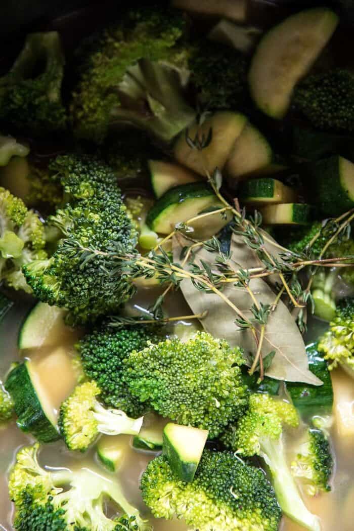 Instant Pot Broccoli Cheddar and Zucchini Soup in instant pot before cooking