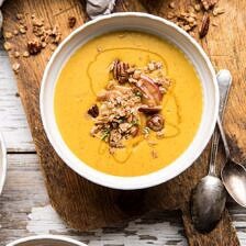 Cheddar Apple Butternut Squash Soup with Cinnamon Pecan Crumble | halfbakedharvest.com #soup #butternutsquash #autumnrecipes #thanksgiving