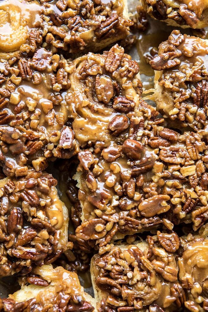 close up photo of Extra Sticky Maple Pecan Sticky Buns 