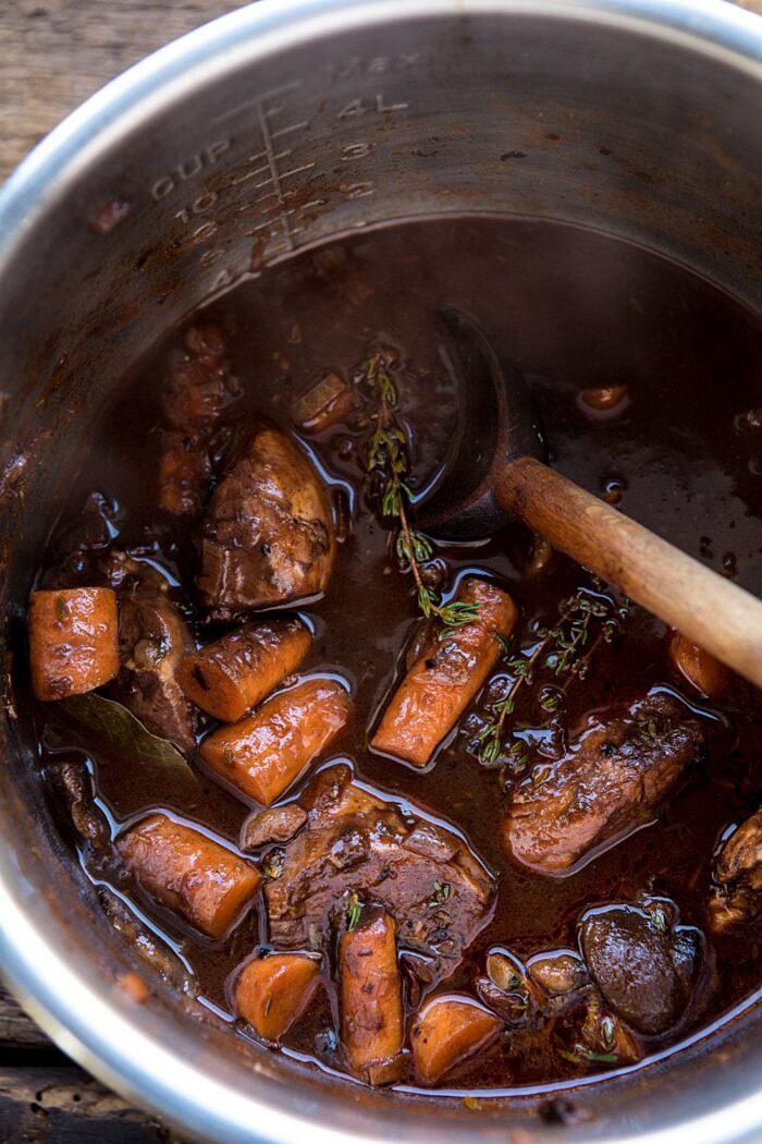overhead photo of Healthier Instant Pot Coq au Vin in instant pot bowl