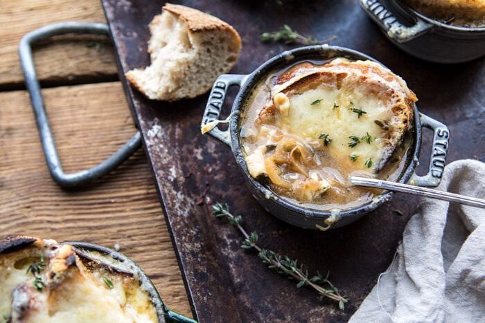 horizontal photo of Herby French Shallot Soup 