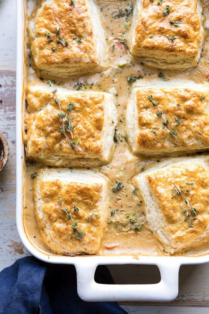 overhead close up photo of Homemade Broccoli Cheddar Cobbler