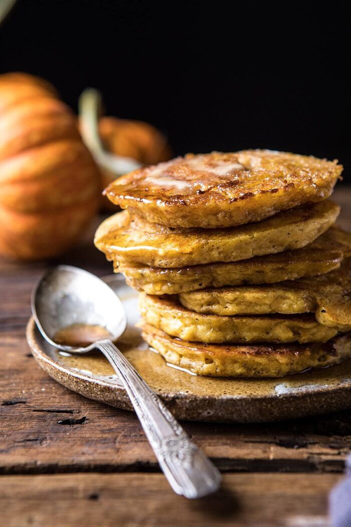 Spiced Pumpkin Cinnamon Roll Pancakes | halfbakedharvest.com #pumpkin #pumpkinpancakes #brunch #breakfast #easyrecipes