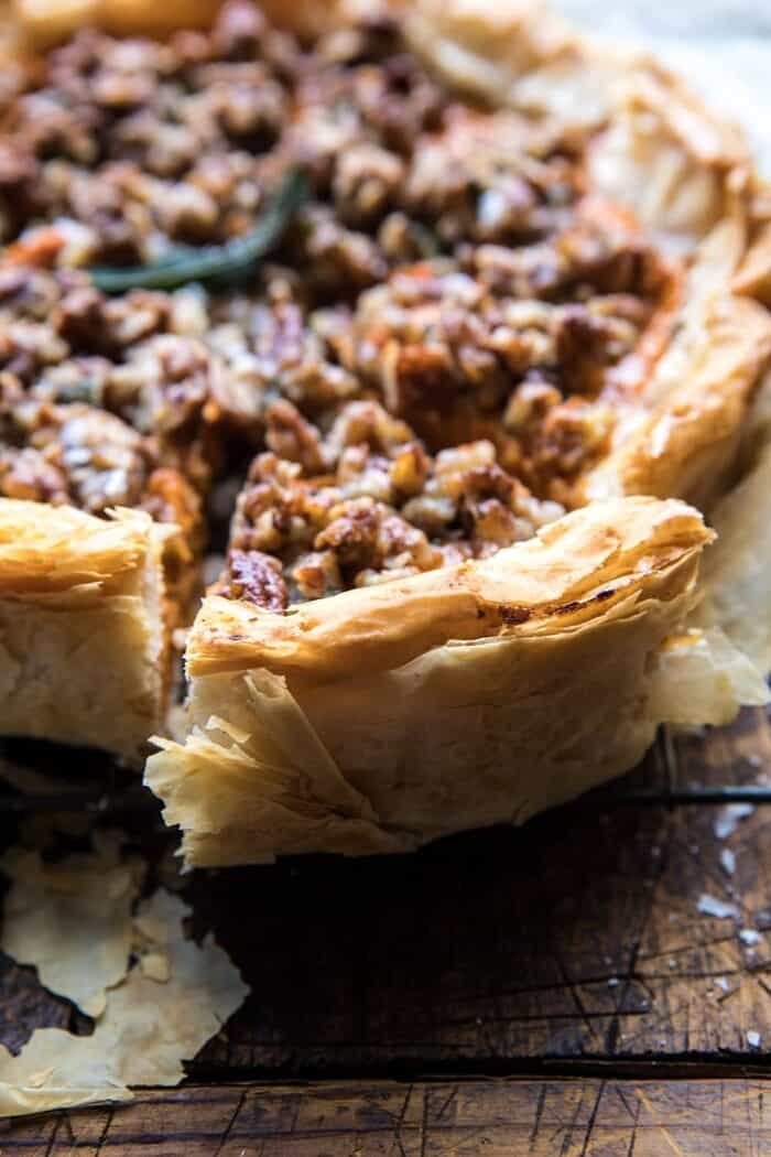 close up side angle photo of Bourbon Pecan Sweet Potato Phyllo Casserole 