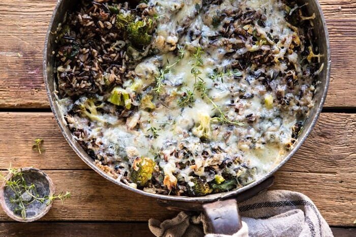 horizontal overhead photo of One Pan Broccoli Cheese Wild Rice Casserole 