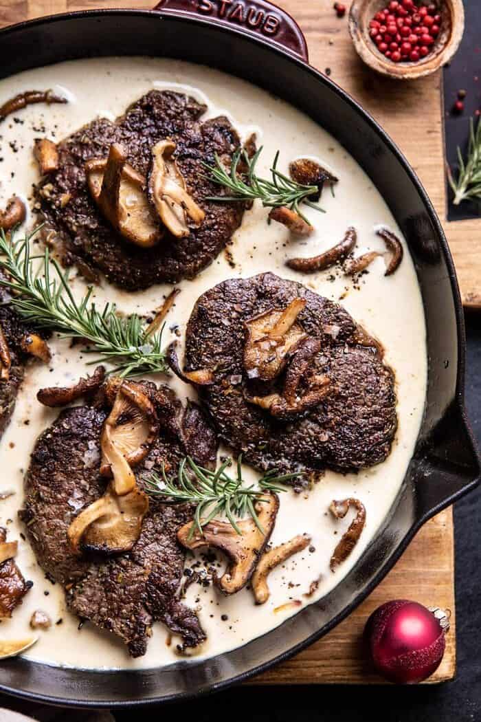 Rosemary Beef Tenderloin with Wild Mushroom Cream Sauce | halfbakedharvest.com #beef #tenderloin #christmas #easyrecipes