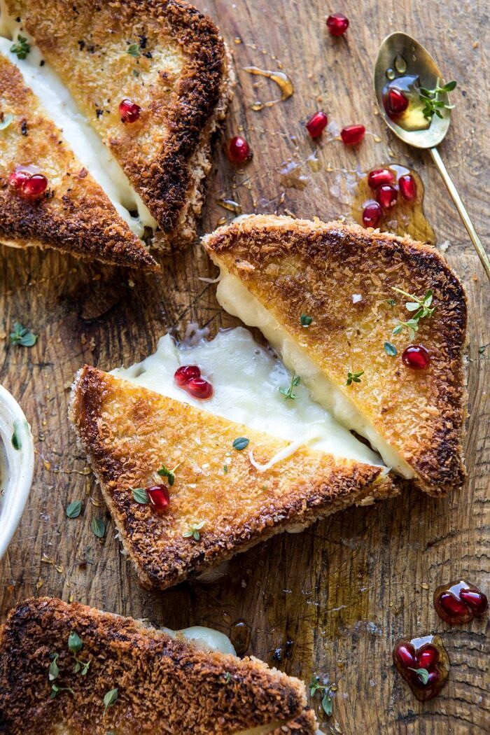overhead photo of Fried Mozzarella Sandwiches with Pomegranate Honey