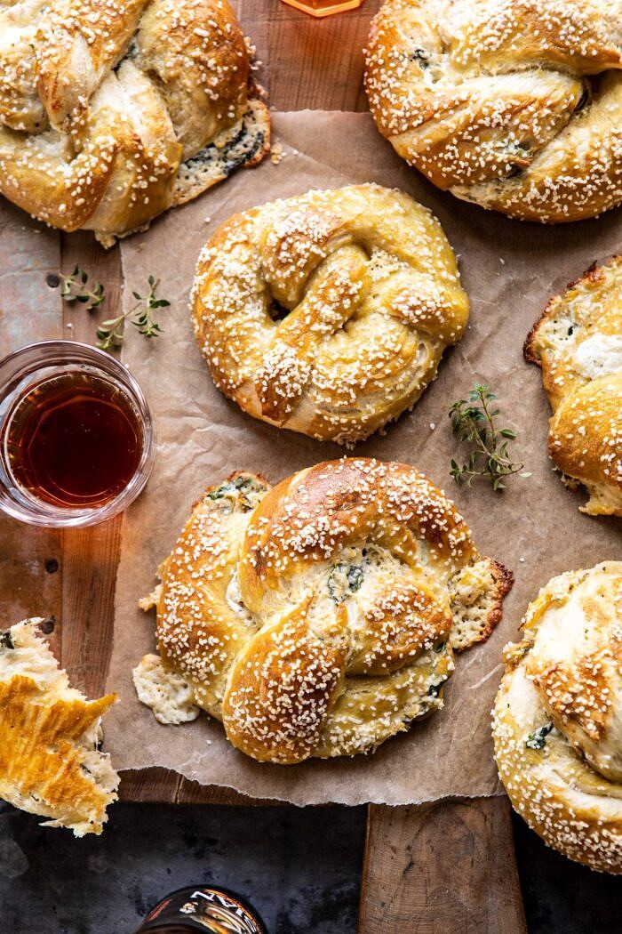 overhead photo of Spinach and Artichoke Stuffed Soft Pretzels