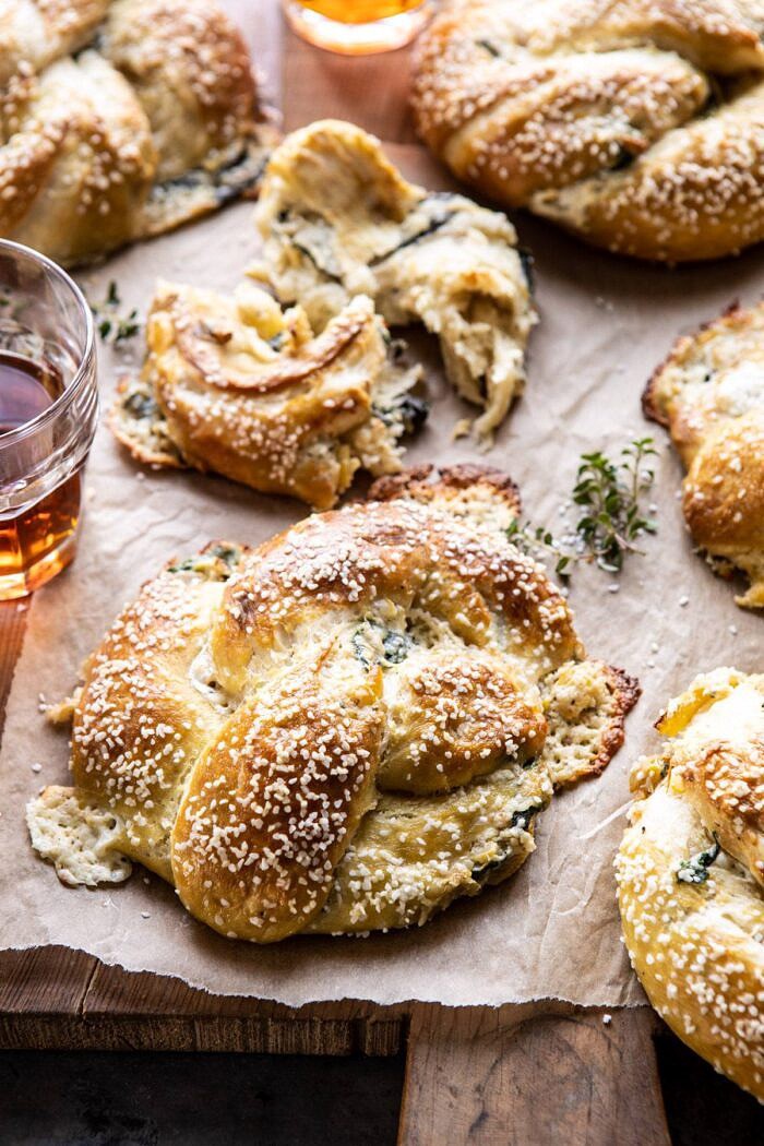 side angle photo of Spinach and Artichoke Stuffed Soft Pretzels