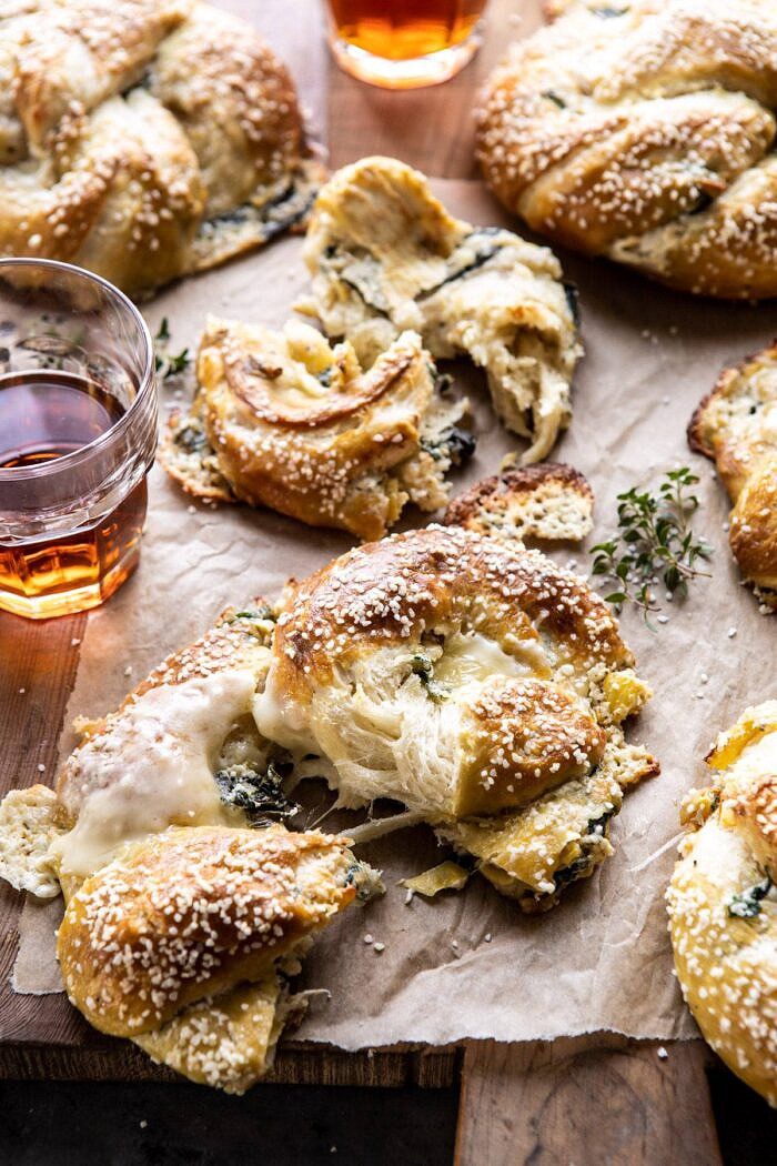 torn apart Spinach and Artichoke Stuffed Soft Pretzels 