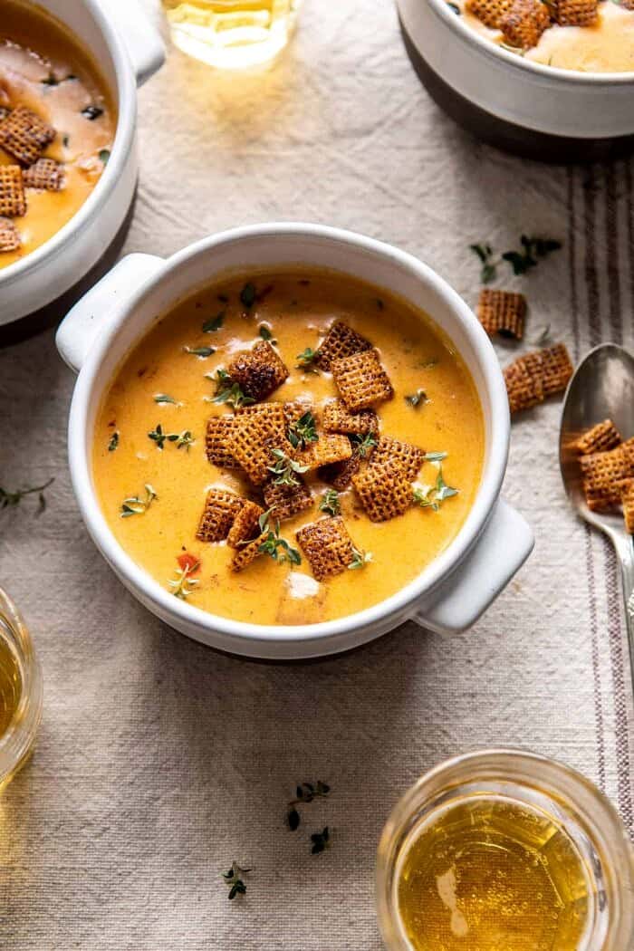 overhead photo of Beer Cheese Soup with Chili Spiced Chex