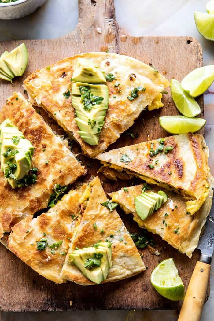 Breakfast Quesadilla with Soft Scrambled Eggs and Avocado Salsa | halfbakedharvest.com #breakfast #mexican #easyrecipes #brunch #eggs #avocado