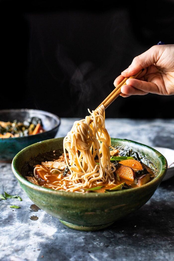 Feel Good Spicy Ramen with Sweet Potatoes and Crispy Shallots | halfbakedharvest.com #noodles #ramen #healthyrecipes #sweetpotatoes #winterrecipes #soup