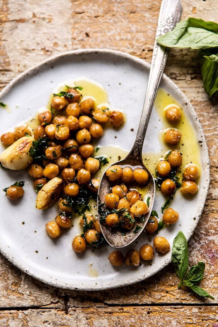 Crispy Garlic Basil Chickpeas on plate