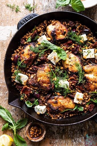 One Skillet Greek Sun-Dried Tomato Chicken and Farro | halfbakedharvest.com #skilletrecipes #chicken #healthyrecipes #onepan #easyrecipes