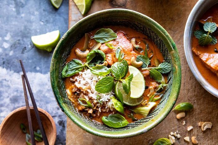 horizontal photo of Saucy 30 Minute Thai Basil Salmon Curry 