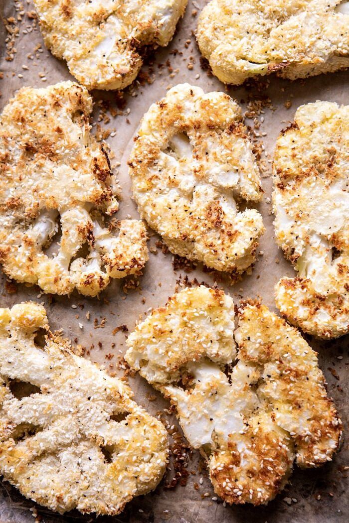 overhead photo of Sesame Crusted Cauliflower on baking sheet