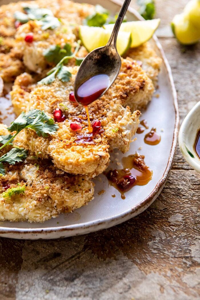 Sesame Crusted Cauliflower with Pomegranate Ponzu Sauce | halfbakedharvest.com #cauliflower #healthyrecipes #easyrecipes #vegetarian
