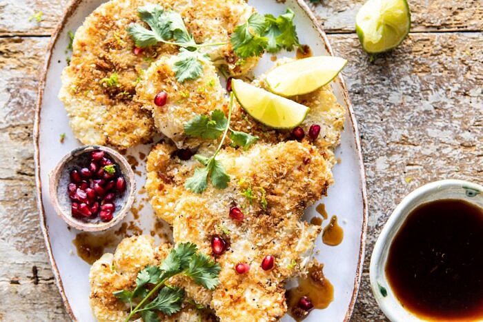 horizontal photo of Sesame Crusted Cauliflower with Pomegranate Ponzu Sauce