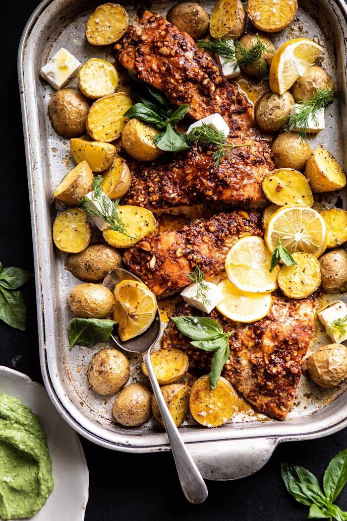 Sheet Pan Blackened Salmon Bowl with Potatoes and Avocado Goddess Sauce | halfbakedharvest.com #shetpan #healthyrecipes #easyrecipes #bowlfood #salmon