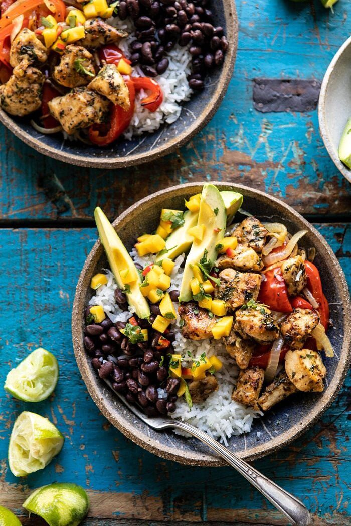 overhead photo of Sheet Pan Cuban Chicken and Black Bean Rice Bowl
