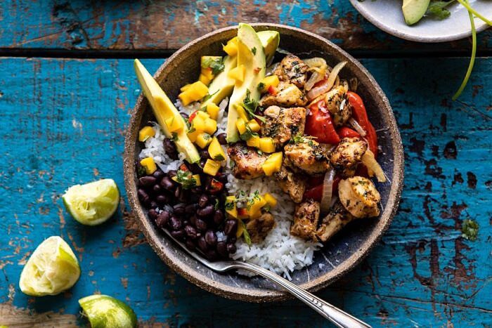 horizontal photo of Sheet Pan Cuban Chicken and Black Bean Rice Bowl 
