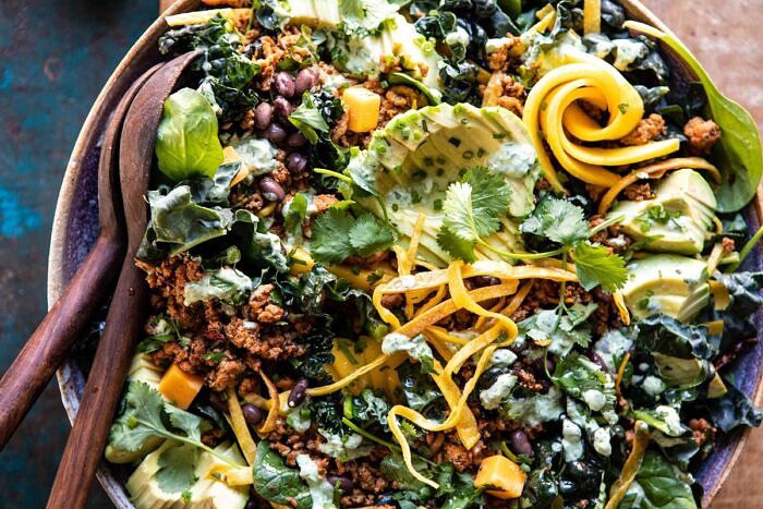 horizontal photo of Spicy Turkey Taco Salad with Baja Dressing