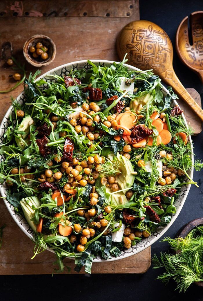 Super Green Sun-Dried Tomato Herb Salad with Crispy Chickpeas | halfbakedharvest.com #healthyrecipes #salad #easyrecipes #chickpeas #feta