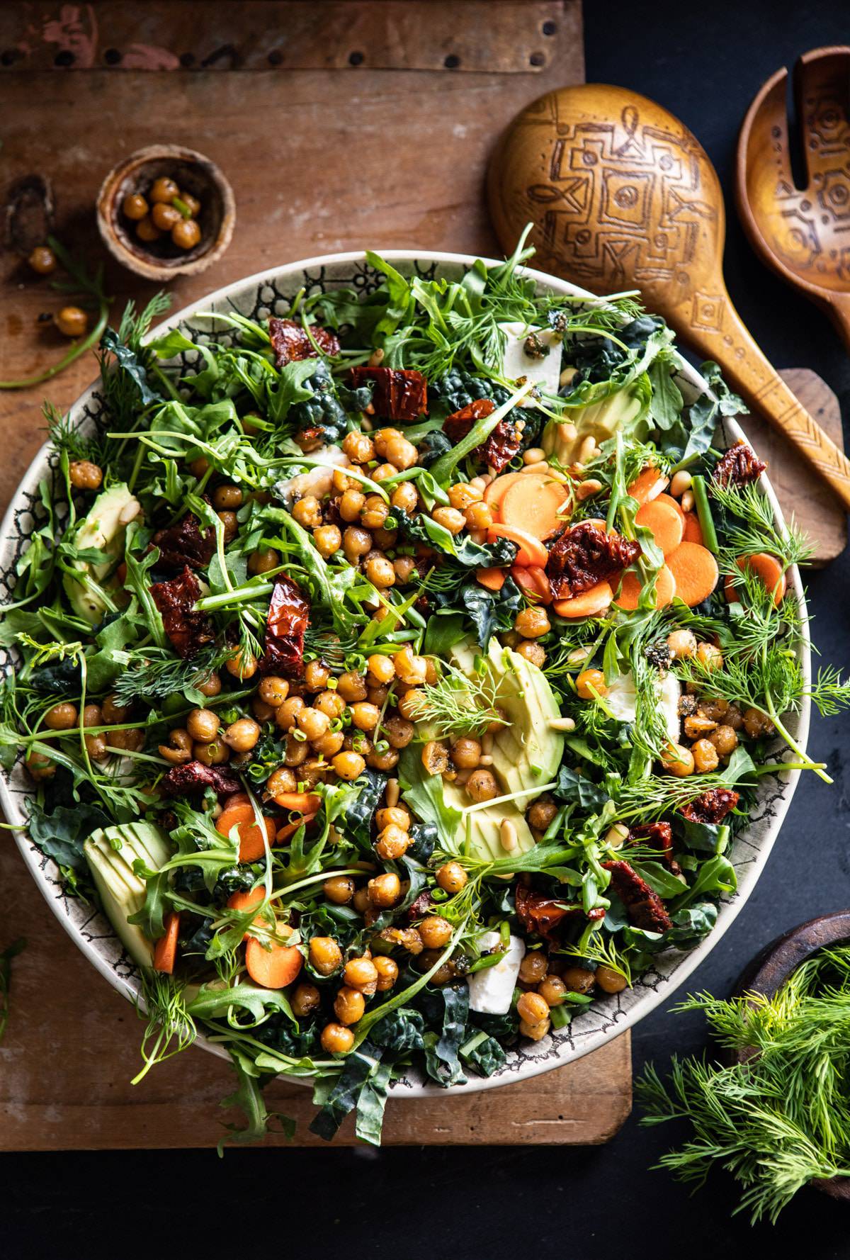 Super Green Sun-Dried Tomato Herb Salad with Crispy Chickpeas | halfbakedharvest.com #healthyrecipes #salad #easyrecipes #chickpeas #feta