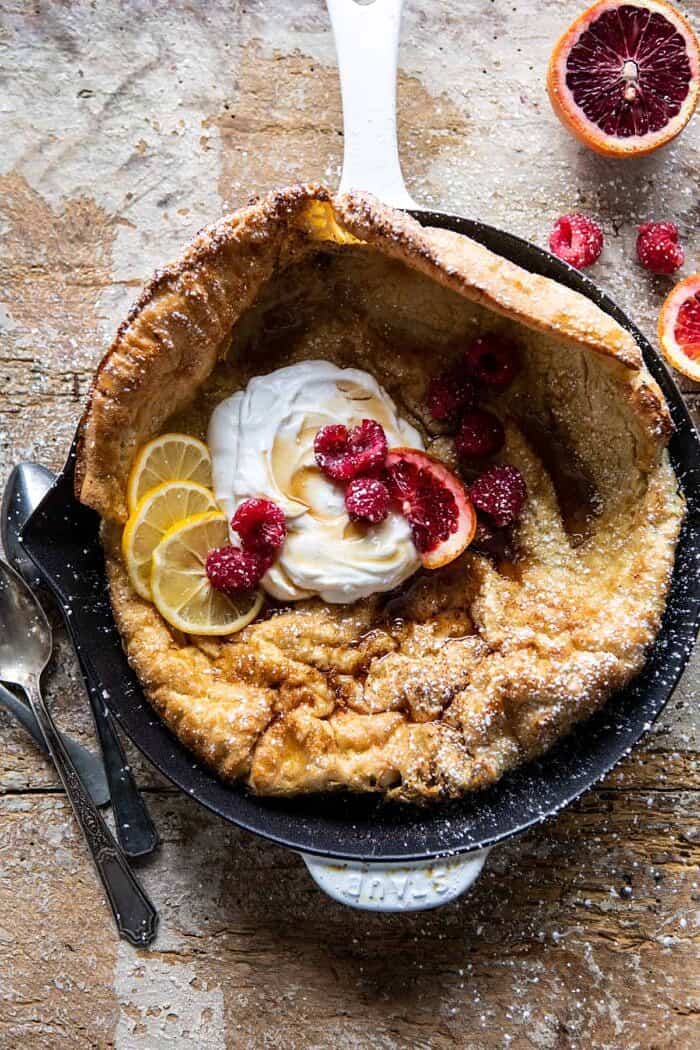 Whole Wheat Dutch Baby with Meyer Lemon Whipped Ricotta | halfbakedharvest.com #brunch #breakfast #easyrecipes #dutchbaby #lemon #ricotta