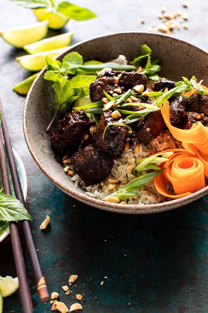 side angle photo of 30 Minute Vietnamese Beef and Crispy Rice Bowl 