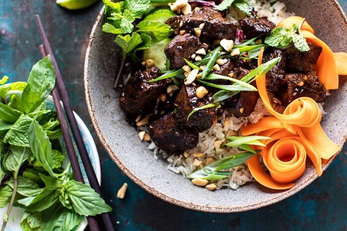 horizontal photo of 30 Minute Vietnamese Beef and Crispy Rice Bowl 